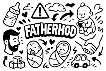 Fatherhood doodle icons set with baby and family care symbols, Transparent Background