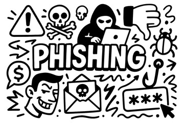 Phishing doodle icons set with cyber crime and hacking symbols, Transparent Background