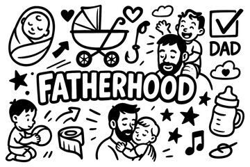 Fatherhood doodle icons set with baby and family care symbols, Transparent Background