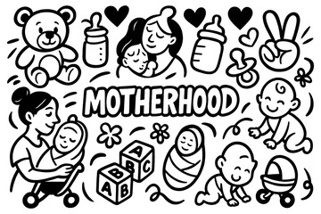 Motherhood doodle icons set with baby and family care symbols, Transparent Background