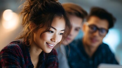 Obraz premium A diverse group of young students collaborating intently around a laptop in a softly lit indoor setting