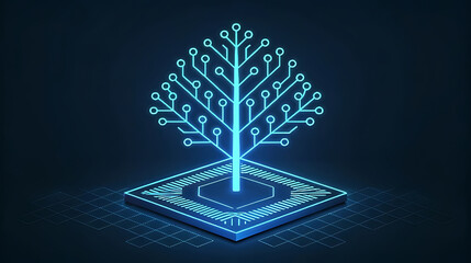 Neon blue circuit tree on digital platform technology
