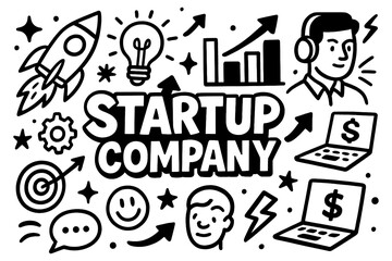 Startup doodle icons set with business growth and innovation symbols, Transparent Background