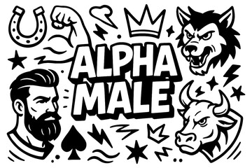 Alpha male concept icons set with masculinity and power symbols, Transparent Background