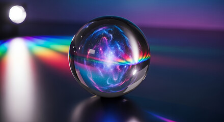 A mesmerizing crystal ball captures a swirling cosmic nebula, refracting a brilliant beam of light into a vibrant rainbow spectrum