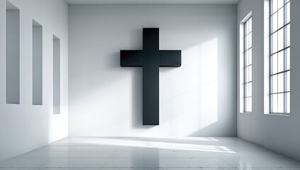 A large, dark, symbolic cross adorns a bright, minimalist interior space, highlighting architectural elements and casting soft shadows.
