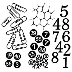 Mixed graphic elements set with numbers, paperclips, and abstract symbols, Transparent Background