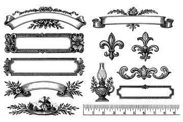 Ornamental vintage frames and decorative border elements set, Transparent Background
