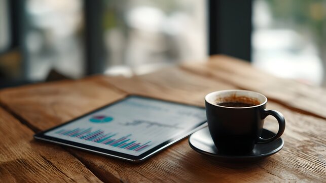 Tablet displaying financial data charts on a wooden desk beside a coffee cup modern professional workspace
