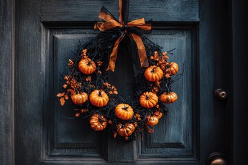 A Halloween wreath with pumpkins and ribbon hangs on a dark wood door