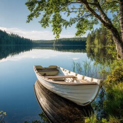 Fototapeta premium Serene lake scene featuring a white rowboat resting gently on the tranquil water's edge, framed by lush greenery and a peaceful sky.