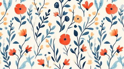 Seamless pattern with stylized orange and blue flowers and leaves on a cream background.