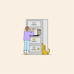 Man organizing files in cabinet with his dog, showcasing focus, diligence, and companionship in modern office, perfect for business, lifestyle or pet themes