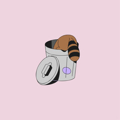 Cute cartoon raccoon hiding in a trash can, perfect for conveying playful mischief or quirky humor in illustrations, social media, or marketing materials