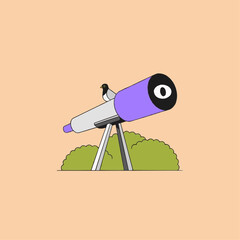 Whimsical scene with a bird perched on a telescope, perfect for educational materials or children's illustrations, exploring astronomy and nature together