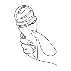 Minimalist single line drawing of a hand holding an ice cream cone