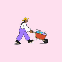 Person wearing overalls pushing wheelbarrow filled with colorful items, cheerful and whimsical, perfect for creative business or lifestyle projects