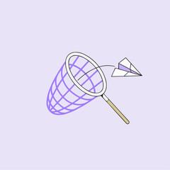 Catching dreams and ideas a playful paper airplane flitting near a whimsical net, symbolizing ambition, creativity, and the pursuit of innovation