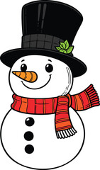 A colorful illustration of an adorable snowman wearing a black hat and scarf isolated on a white background