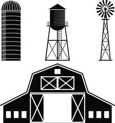 Black Silhouettes of Farm Buildings and Structures on White Background Keywords: farm, barn © SUMAIA