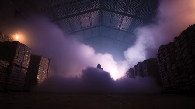 spooky creature stand in dark warehouse animation