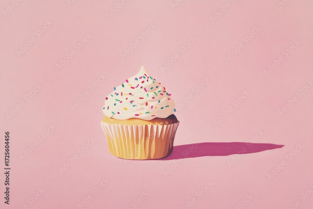 Poster Single cupcake with vanilla frosting and colorful sprinkles on a vibrant pink backdrop, casting a distinct shadow, creating a minimalist yet tempting image