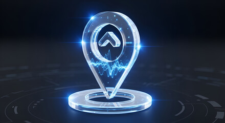 Gleaming digital location pin with an upward arrow and pulsating data, symbolizing advanced navigation, strategic growth, and innovative technological solutions