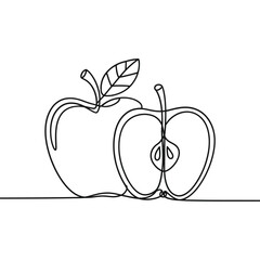 Minimalist continuous line drawing of two apples one halved