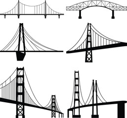 Collection of Black Bridge Silhouettes on White Background Keywords: bridge, structure