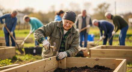 Focused senior woman with a hammer assembling a wooden raised garden bed as a group of active elders works together on a sunny day