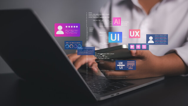 UI UX design and software development concept with coding, artificial intelligence, mobile app design, user experience, and digital innovation for technology business.