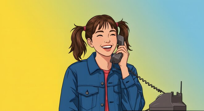 Girl talking on retro phone - Powered by Adobe