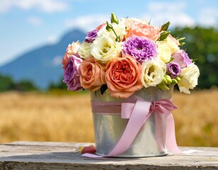 Bouquet of flowers in a tin bucket