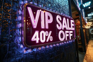 Bright Neon VIP Sale Sign With 40 Percent Discount Offer