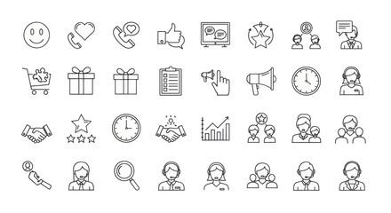 Obraz premium Collection of line art icons representing customer service, communication, and business concepts.