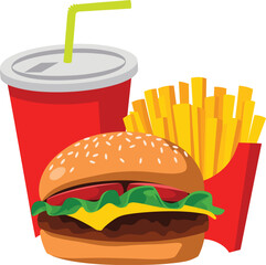 Fast Food Meal with Burger, Fries, and Soda with Straw hamburger french fries