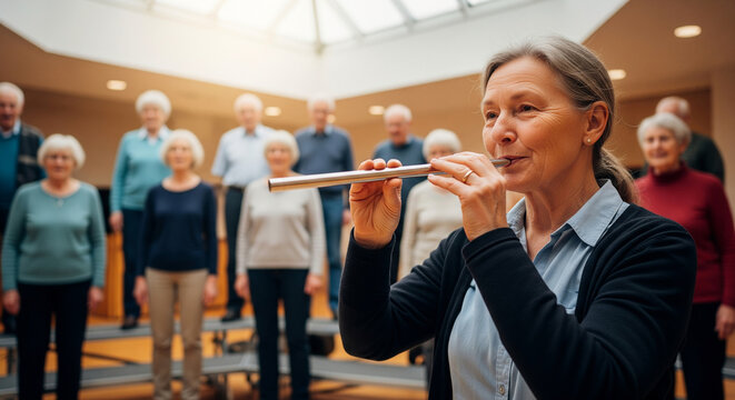 An elderly woman conductor playing a tin whistle to give the starting note for her senior community choir during rehearsal