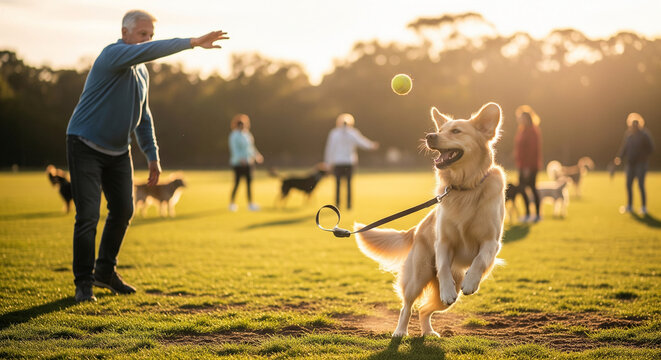 An active senior man shares a joyful moment playing fetch with his excited golden retriever dog in a sunny, vibrant park - Powered by Adobe