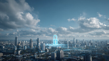 Obraz premium modern office skyline with holographic lock symbol floating above representing a professional secure data concept