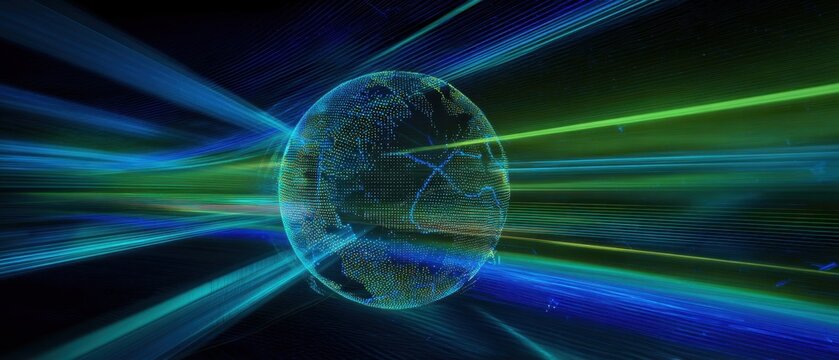 The globe illuminated by vibrant beams of digital light and energy. - Powered by Adobe