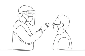 Medical professional administers nasal swab test in minimalist line art style