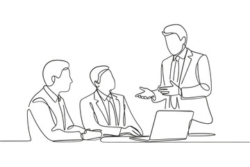 Business meeting discussion with laptop and presentation