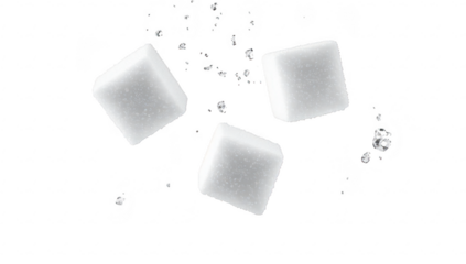 Three white sugar cubes floating in mid-air against a clean white background. with sparkling sugar crystals surrounding them. ideal for food-related content and advertising