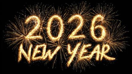 Radiant Golden Fireworks Burst Surrounding Happy New Year Celebration on Transparent Background