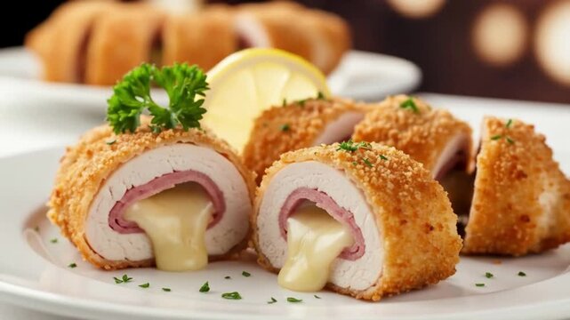 Delicious chicken cordon bleu on plate with melted cheese and ham