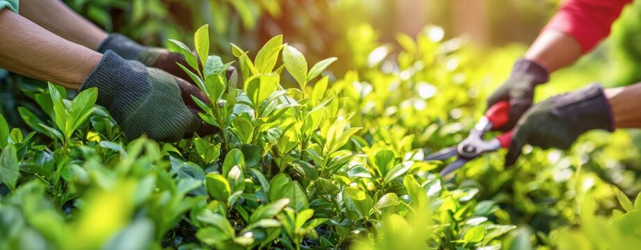 The hedge being pruned by gardeners in a sunlit green garden - Powered by Adobe