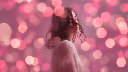 dreamy surreal scene of a person with floating pink pastel bokeh lights and soft romantic glow