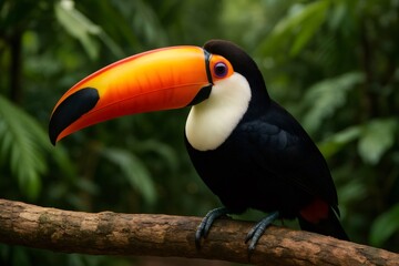 Fototapeta premium Colorful toco toucan with its large orange beak perched on a branch in a lush tropical rainforest
