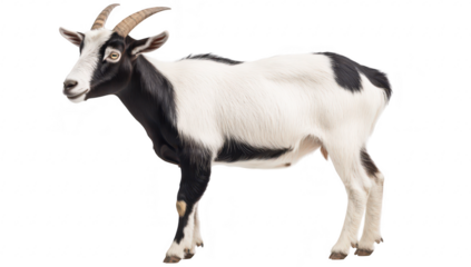 A black and white goat standing upright. its unique coat patterns and horns. set against a plain background. ideal for agricultural or animal-related content