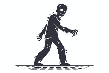 Fototapeta premium Dark silhouette depicts undead figure walking with decaying skin and exposed teeth on concrete surface